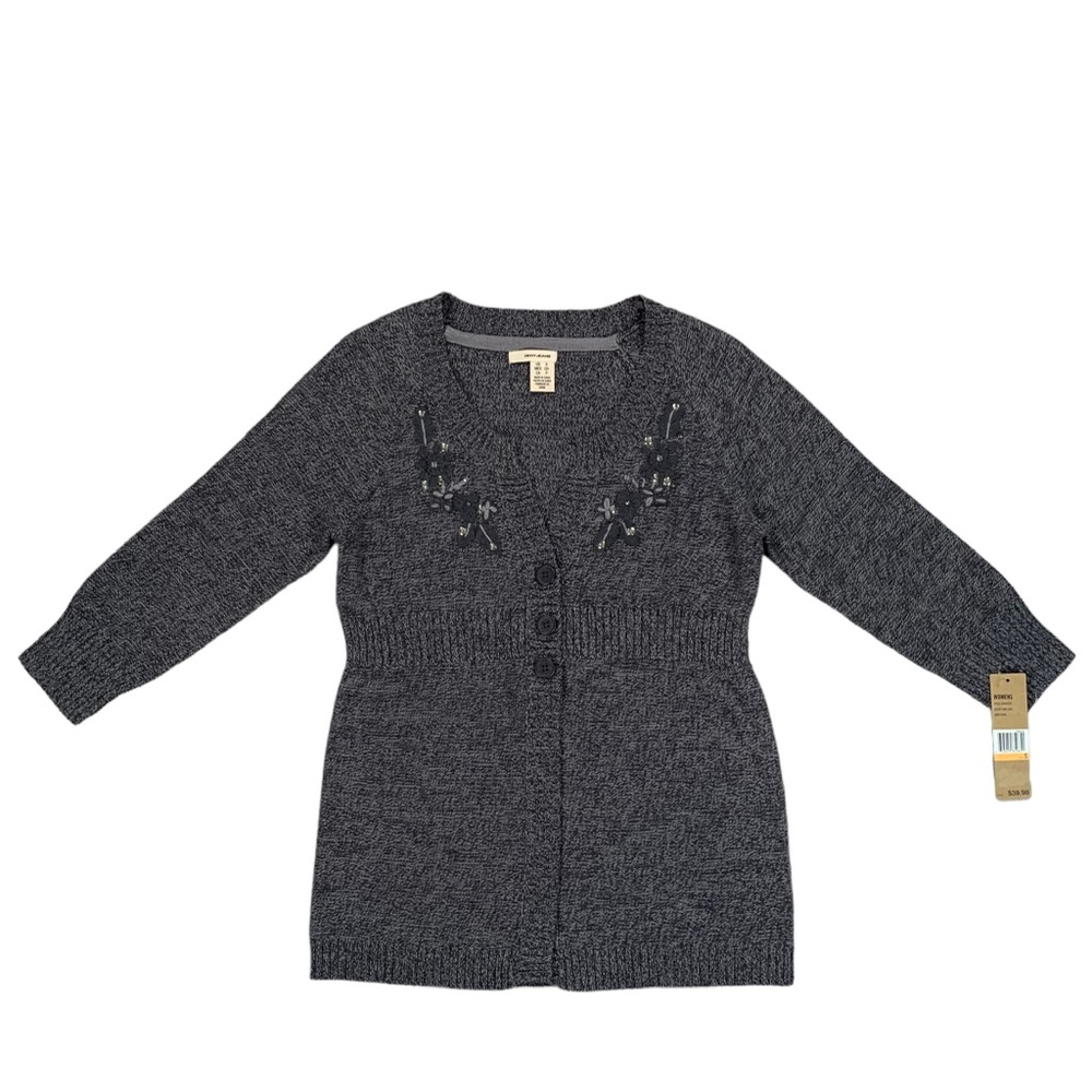 DKNY Jeans Women's Grey 3/4 Sleeve Floral Cardigan Sweater Size Small